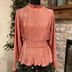 EST. 1946 PINK SATIN FEEL ACCORDION RUFFLE NECK LONG SLEEVE BLOUSE WOMENS MEDIUM